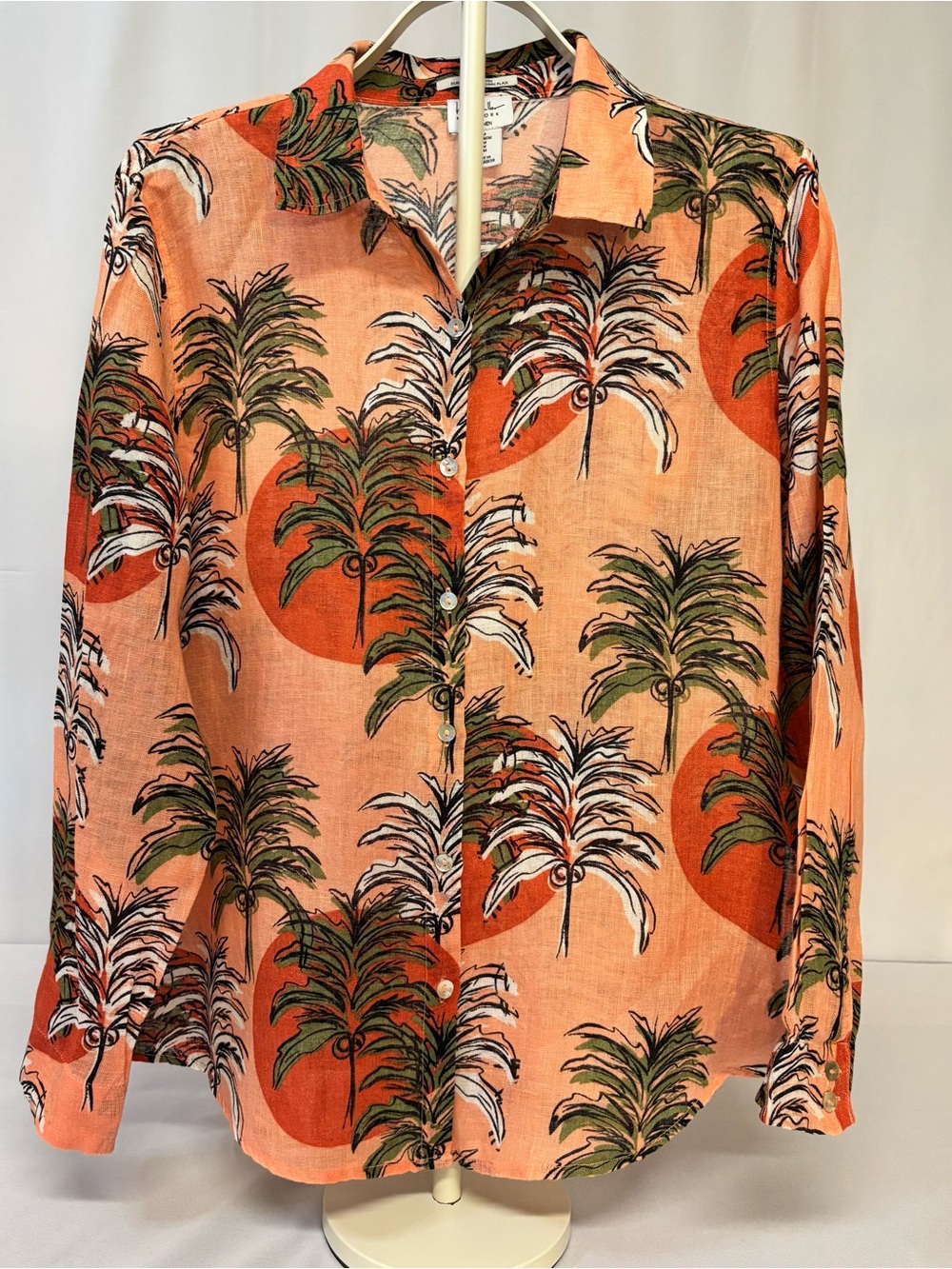 Nicole Miller Linen European Flax Sunset Palm Tree Resort Blouse M Boho Beach